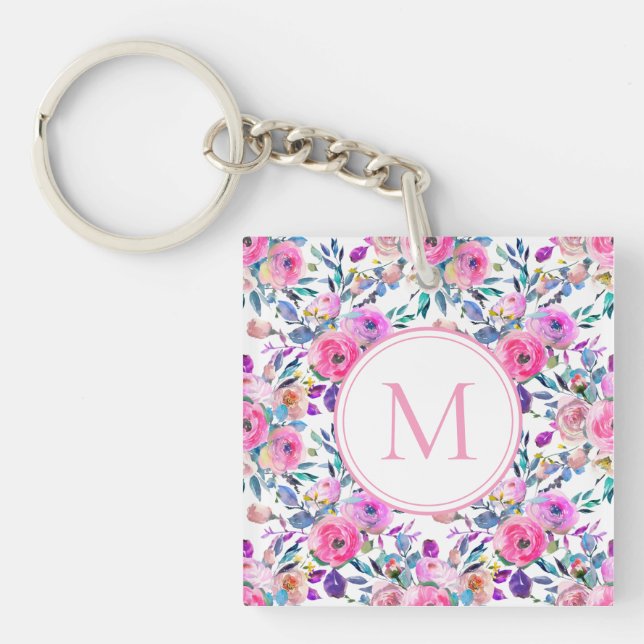 Nyckelkedja för Monogram Watercolor Rosa Blommigt (Framsidan)