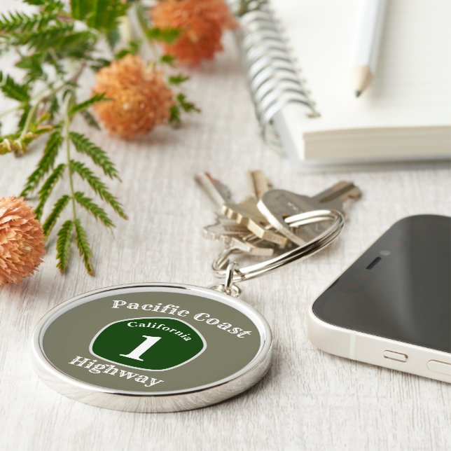 Nyckelkedja för motorvägen Kusten i Stilla havet Rund Silverfärgad Nyckelring (Sidan)