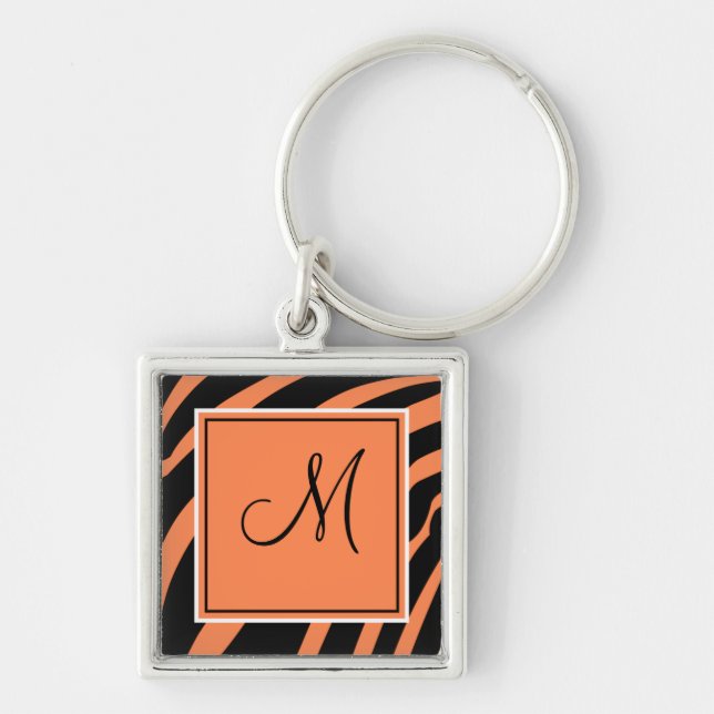 Nyckelkedja för orange och svart Monogram Zebra tr Fyrkantig Silverfärgad Nyckelring (Framsidan)
