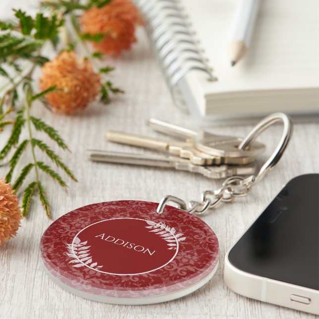 Nyckelkedja för Personlig av Red Elegant Damask (Högra Framsidan)