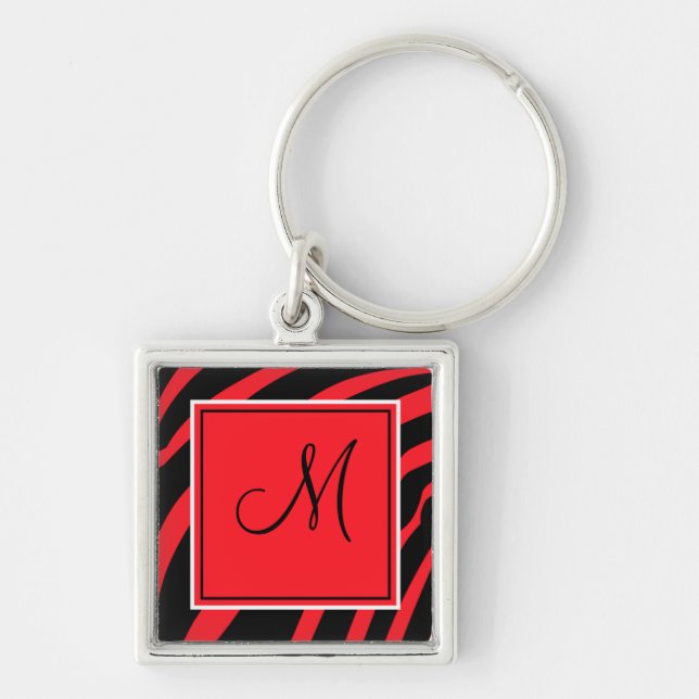 Nyckelkedja för Red and Black Monogram Zebra tryck Fyrkantig Silverfärgad Nyckelring (Framsidan)