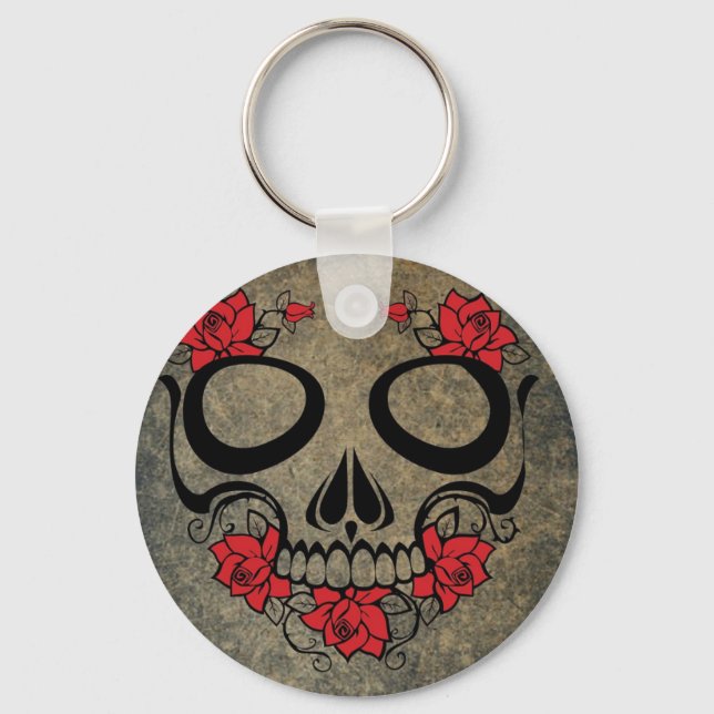 Nyckelkedja för Röd ros-skullknapp Nyckelring (Framsida)
