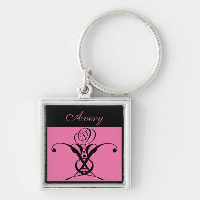 Nyckelkedja för rosa Black Art Deco Ro Fyrkantig Silverfärgad Nyckelring (Framsidan)