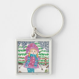 Nyckelkedja för Ski-flickebidrag Fyrkantig Silverfärgad Nyckelring