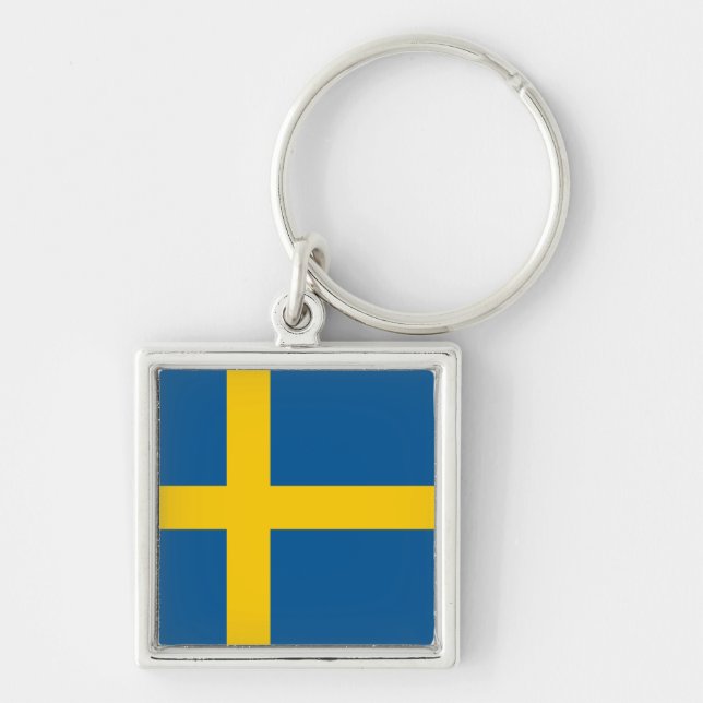 Nyckelkedja för sverige-Flagga Fyrkantig Silverfärgad Nyckelring (Framsidan)