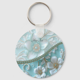 Nyckelkedja för Teal White-Blommigt Nyckelring
