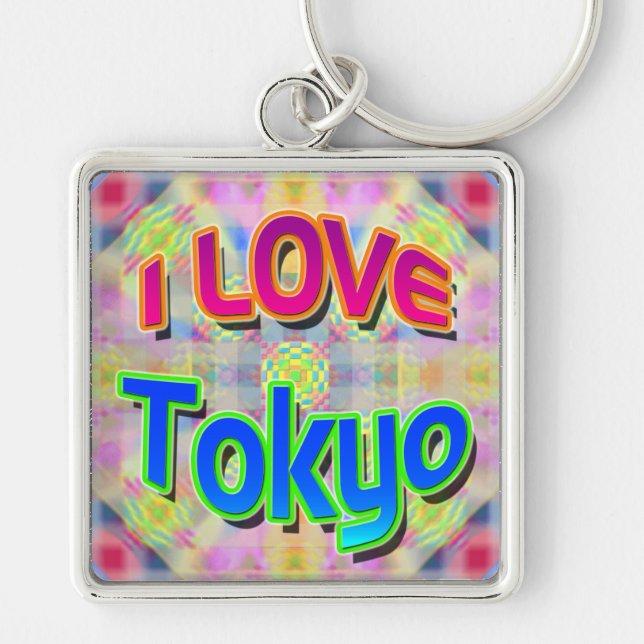 Nyckelkedja för Tokyo Festival 3 ’I KÄRLEK Tokyo’ Fyrkantig Silverfärgad Nyckelring (Framsidan)