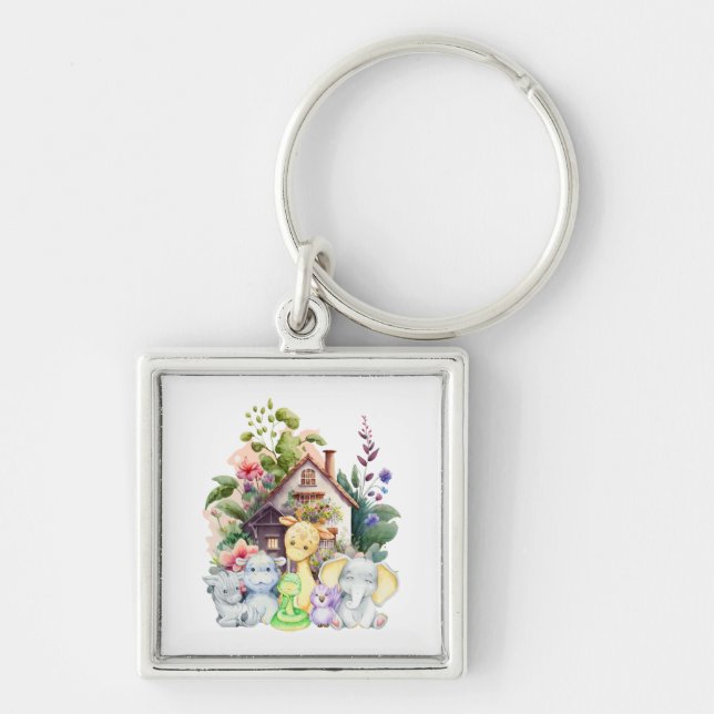 Nyckelkedja för uttjänta djur fyrkantig silverfärgad nyckelring (Framsidan)