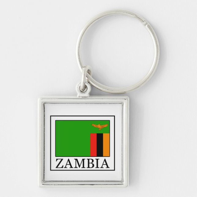 Nyckelkedja för Zambia Fyrkantig Silverfärgad Nyckelring (Framsidan)