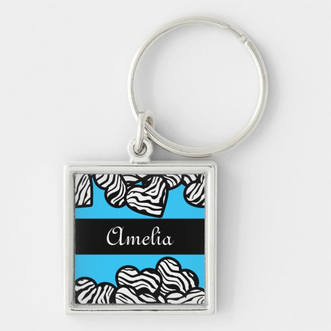 Nyckelkedja för Zebra-hjärtan Fyrkantig Silverfärgad Nyckelring (Framsidan)