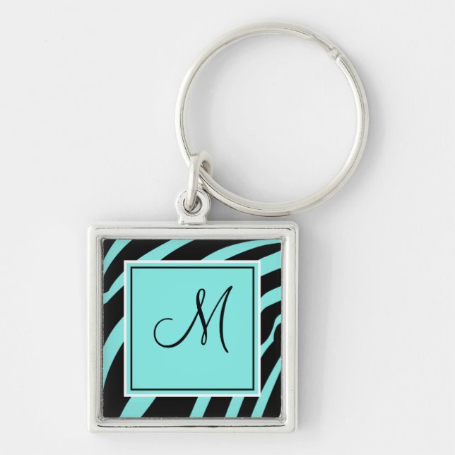 Nyckelkedja från Aqua och Black Monogram Zebra try Fyrkantig Silverfärgad Nyckelring (Framsidan)
