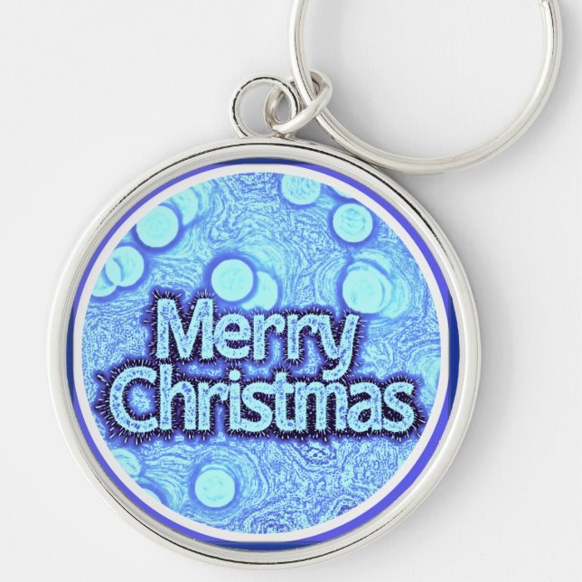 Nyckelkedja, God jul blå snyggt klassisk Rund Silverfärgad Nyckelring (Framsidan)