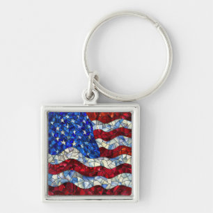Nyckelkedja i amerikanska Flagga Fyrkantig Silverfärgad Nyckelring