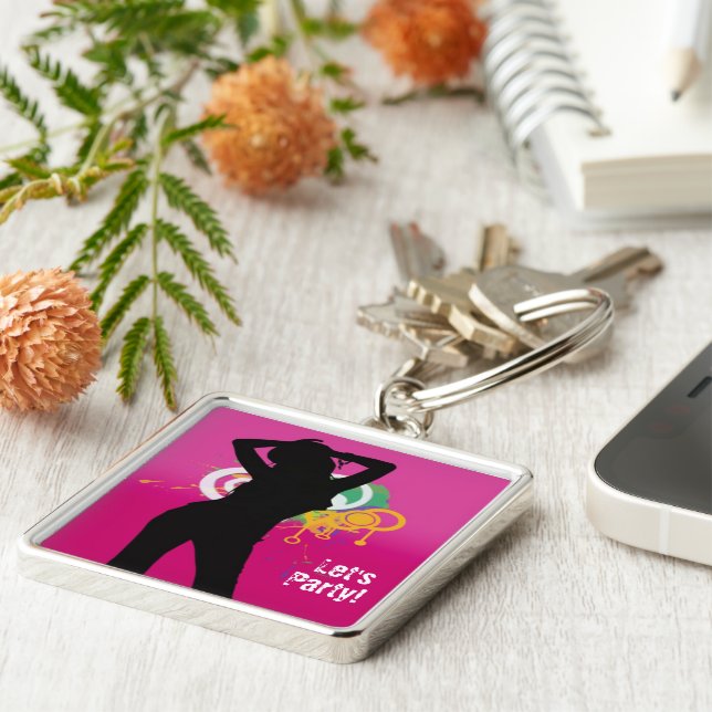 Nyckelkedja i party# Premium Square Fyrkantig Silverfärgad Nyckelring (Sidan)