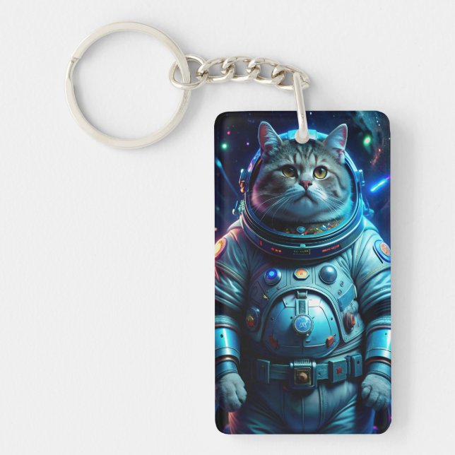Nyckelkedja med astronaut-katt i rymden (Framsidan)