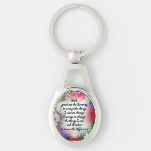 Nyckelkedja: Metall: Serenity Prayer med Bouquet Ovalt Silverfärgad Nyckelring