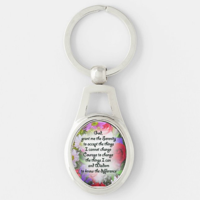 Nyckelkedja: Metall: Serenity Prayer med Bouquet Ovalt Silverfärgad Nyckelring (Framsidan)