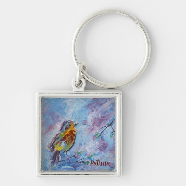 Nyckelkedja "Songbird of Hope" Fyrkantig Silverfärgad Nyckelring (Framsidan)