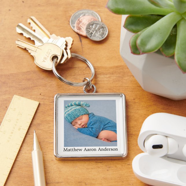 Nyckelkedjan Baby Photo & Namn Fyrkantig Silverfärgad Nyckelring (Skrivbord)