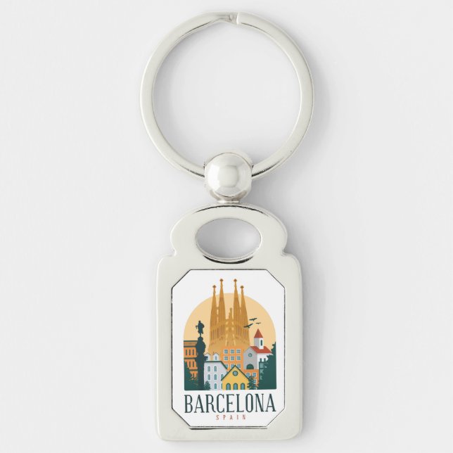 Nyckelkedjan Barcelona Spanien Skyline Metall Rektangulärt Silverfärgad Nyckelring (Framsidan)