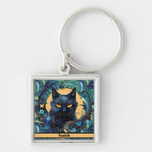 Nyckelkedjan Black Cat och Celestial Måne Fyrkantig Silverfärgad Nyckelring