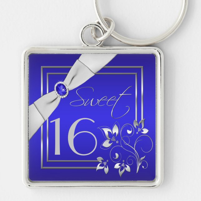 Nyckelkedjan Cobalt Blue och Silver Sweet sixteen Fyrkantig Silverfärgad Nyckelring (Framsidan)