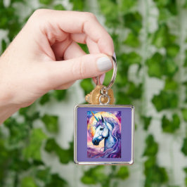 Nyckelkedjan Cosmic Lila Unicorn Fyrkantig Silverfärgad Nyckelring