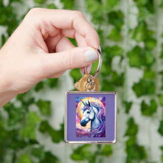Nyckelkedjan Cosmic Lila Unicorn Fyrkantig Silverfärgad Nyckelring