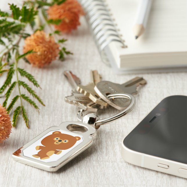 Nyckelkedjan Cute Assertive Tecknad Bear Metall Rektangulärt Silverfärgad Nyckelring (Sidan)