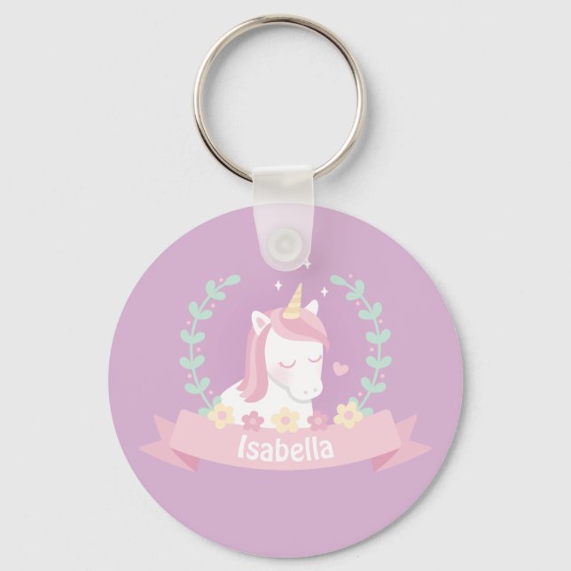 Nyckelkedjan Cute White Magic Unicorn Flowers Girl Nyckelring (Framsida)