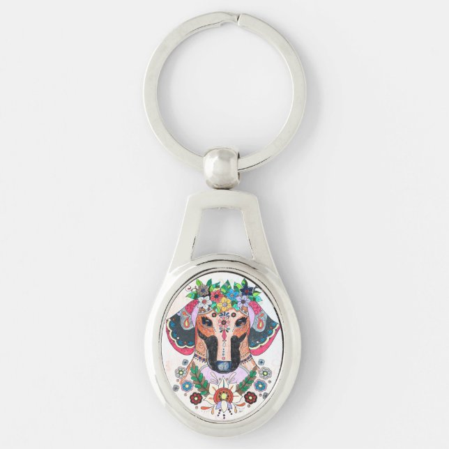 Nyckelkedjan Dachshund Metall Ovalt Silverfärgad Nyckelring (Framsidan)