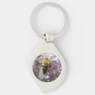 Nyckelkedjan Honeybee och Buddleia Flowers Swirl Silverfärgad Nyckelring