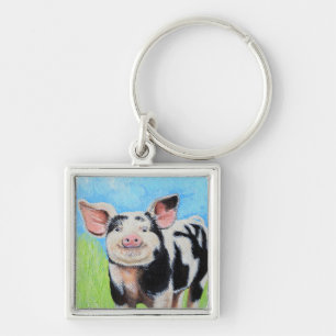 Nyckelkedjan lycklig Little Pig Paing Keychain Fyrkantig Silverfärgad Nyckelring