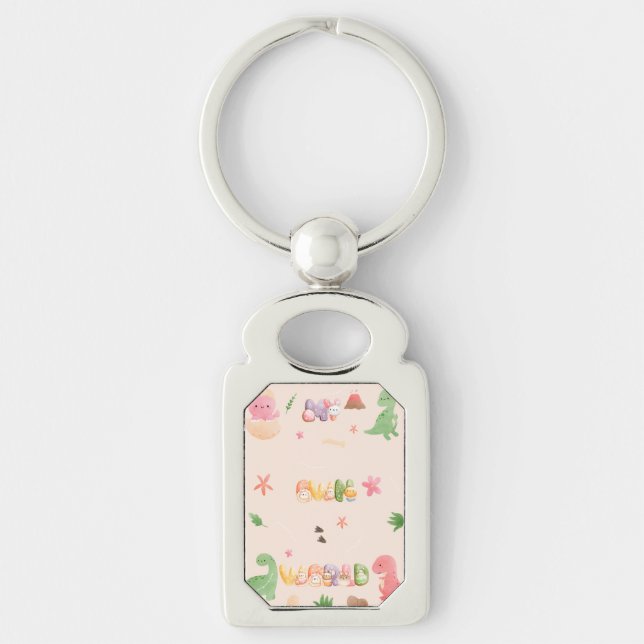 Nyckelkedjan metall | Cute Dinosaur World Rektangulärt Silverfärgad Nyckelring (Framsidan)