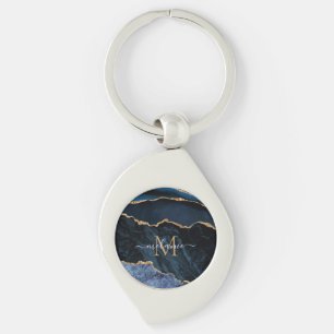 Nyckelkedjan Monogram Namn Agate Navy Blue Guld Swirl Silverfärgad Nyckelring