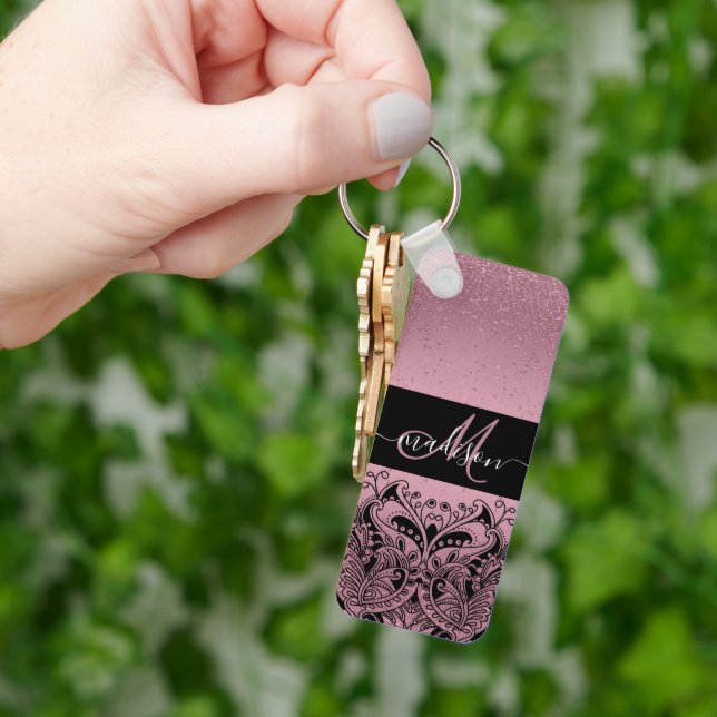 Nyckelkedjan Monogram Söt Rosa Glitter Nyckelring (Hand)