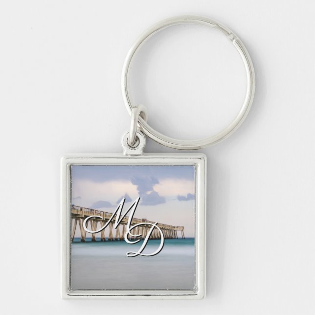 Nyckelkedjan Navarre Beach Fishing Pier Monogram Fyrkantig Silverfärgad Nyckelring (Framsidan)