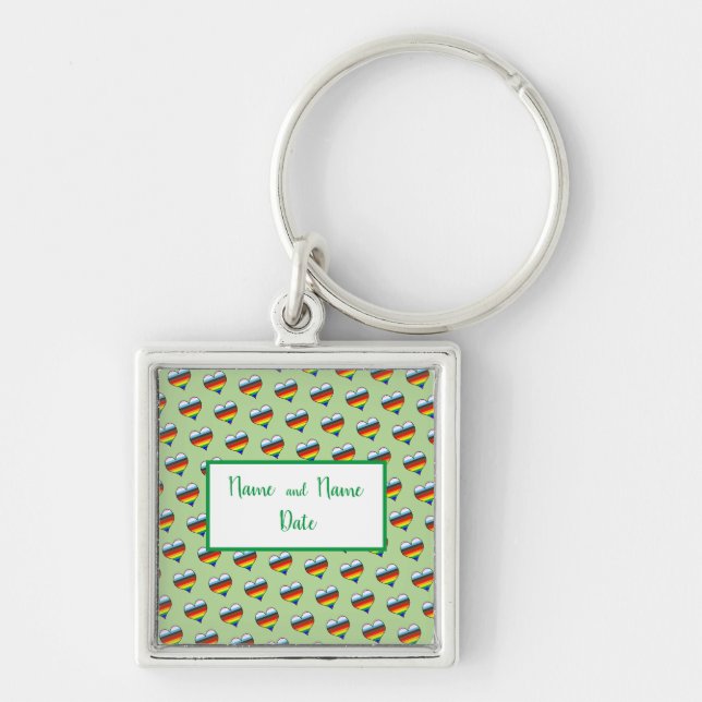 Nyckelkedjan Rainbow Heart Mönster Fyrkantig Silverfärgad Nyckelring (Framsidan)