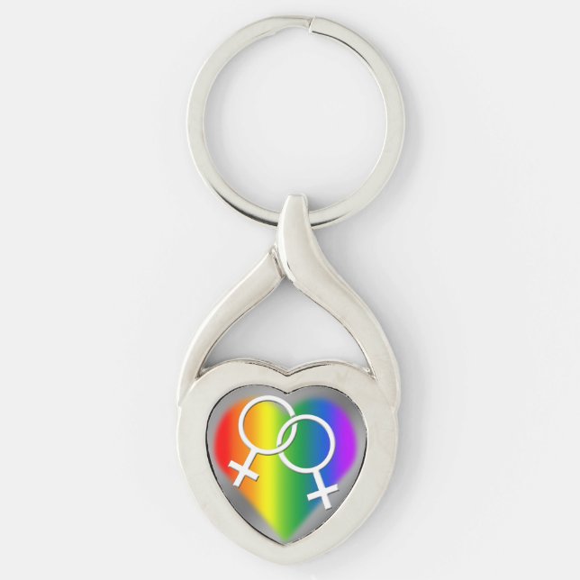 Nyckelkedjan Rainbow Kärlek för kvinnor i Gay prid Twisted Heart Silverfärgad Nyckelring (Framsidan)