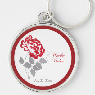 Nyckelkedjan Red and White Blommigt Premium Bröllo Rund Silverfärgad Nyckelring