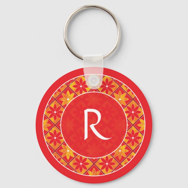 Nyckelkedjan Red Monogram Decorative Blommigt Tile Nyckelring (Framsida)