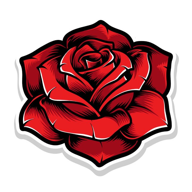 Nyckelkedjan röd ros (Illustration of a red rose with a black outline and white highlights, set against a white background)