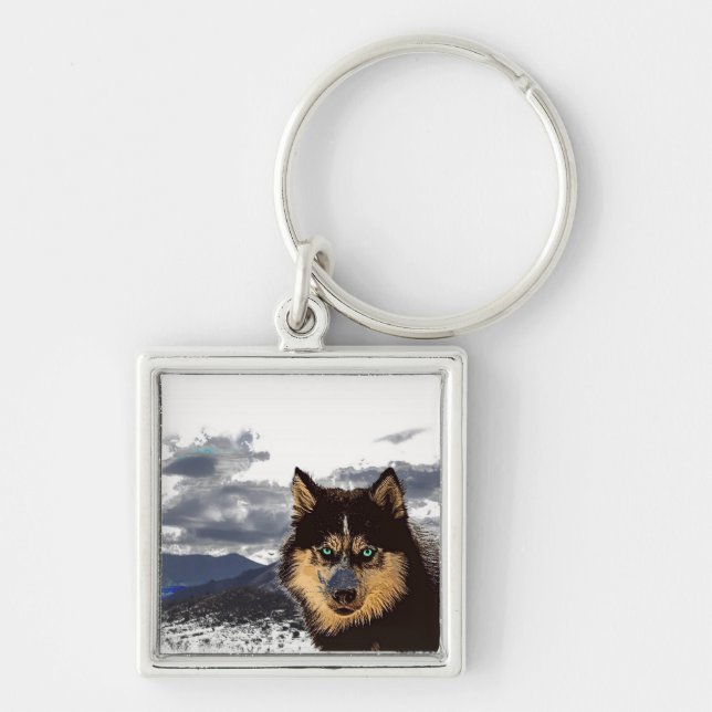 Nyckelkedjan siberian husky fyrkantig silverfärgad nyckelring (Framsidan)