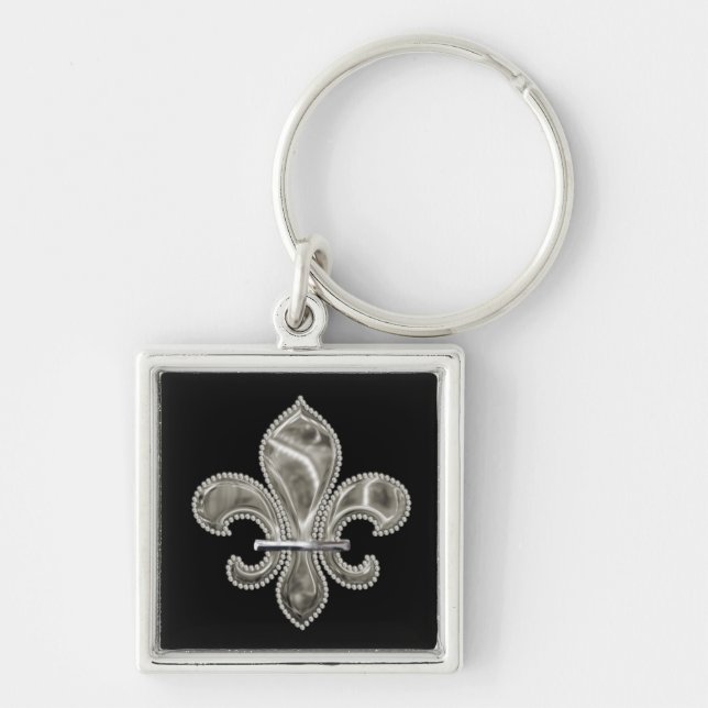 Nyckelkedjan Silver Fleur de Lis Anpassade Fyrkantig Silverfärgad Nyckelring (Framsidan)