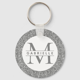Nyckelkedjan Silver Glitter Grått Initialer Namn Nyckelring