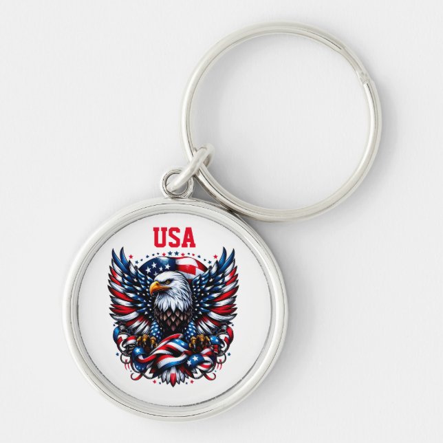 Nyckelkedjan USA flagga Rund Silverfärgad Nyckelring (Framsidan)