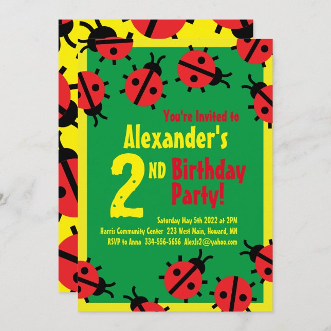 Nyckelpiga Animal Barn Födelsedagsfest inbjudan (Fram/baksida)