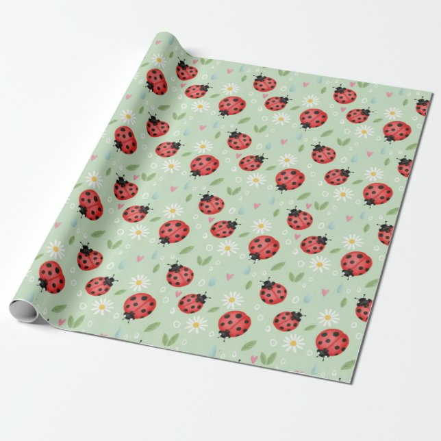 Nyckelpiga Blommönster Presentpapper (Utrullad)