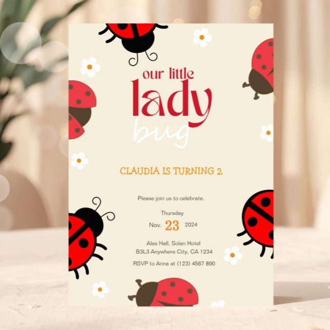 Nyckelpiga Daisy Födelsedagsinbjudan Liten Bug Par Inbjudningar (Cute Bug Ladybug Birthday Party Invitation)
