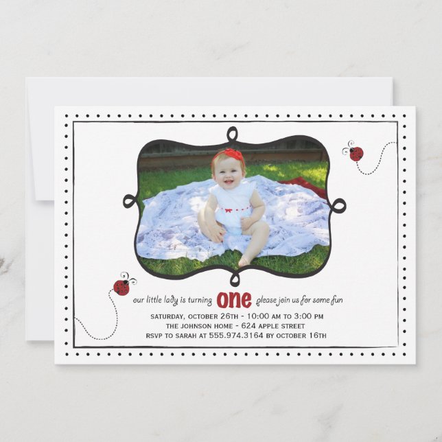 Nyckelpiga First Födelsedagsfest inbjudan - kort - (Framsida)